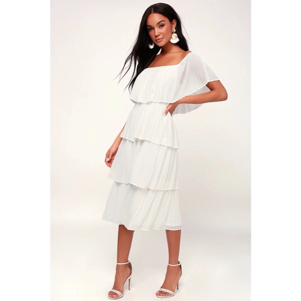 Lulus White Off The Shoulder Ruffle Midi Dress